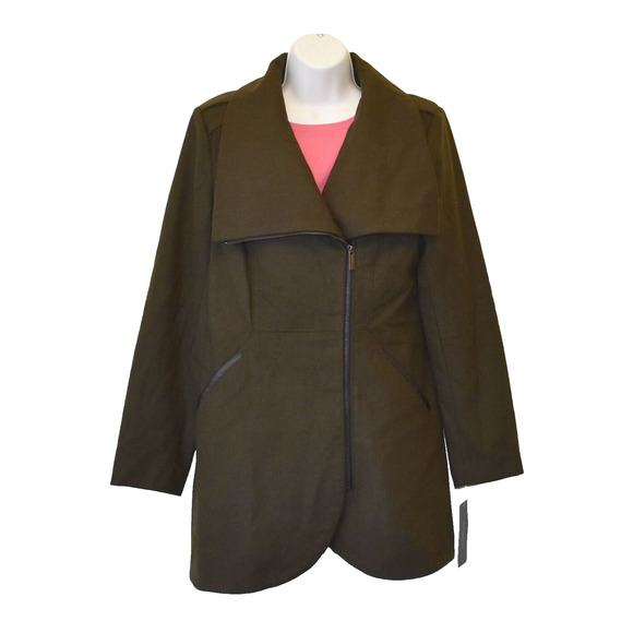 B2 NWT FRENCH CONNECTION 0G4 Military Green-Brown Tulip Hem Asym Wool Coat Sz M - Picture 1 of 8